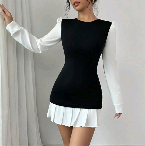 Autumn Winter Fitted Short Round Neck Pleated Dress - Picture 4 of 4